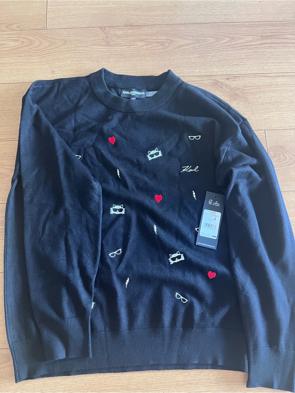 Karl Lagerfeld Black Crewneck Sweater with Red Heart & White Icon Embroidery